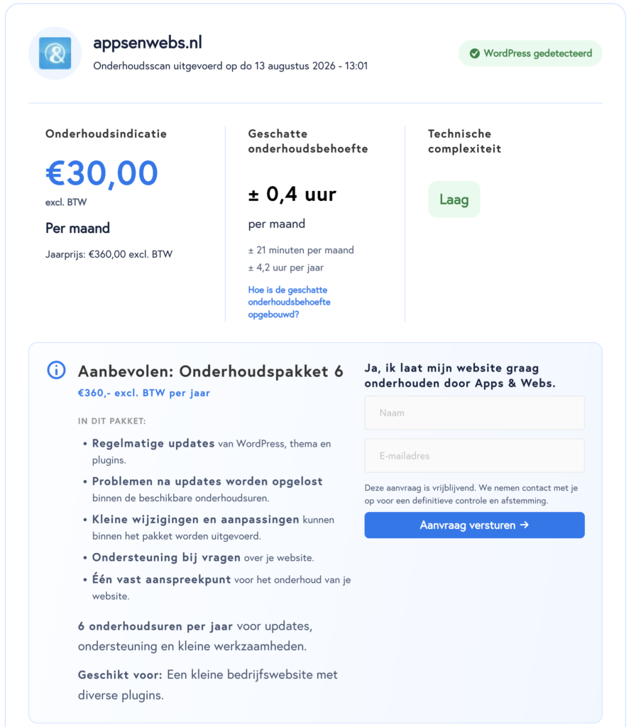 Voorbeeld WordPress onderhoudsscan appsenwebs.nl