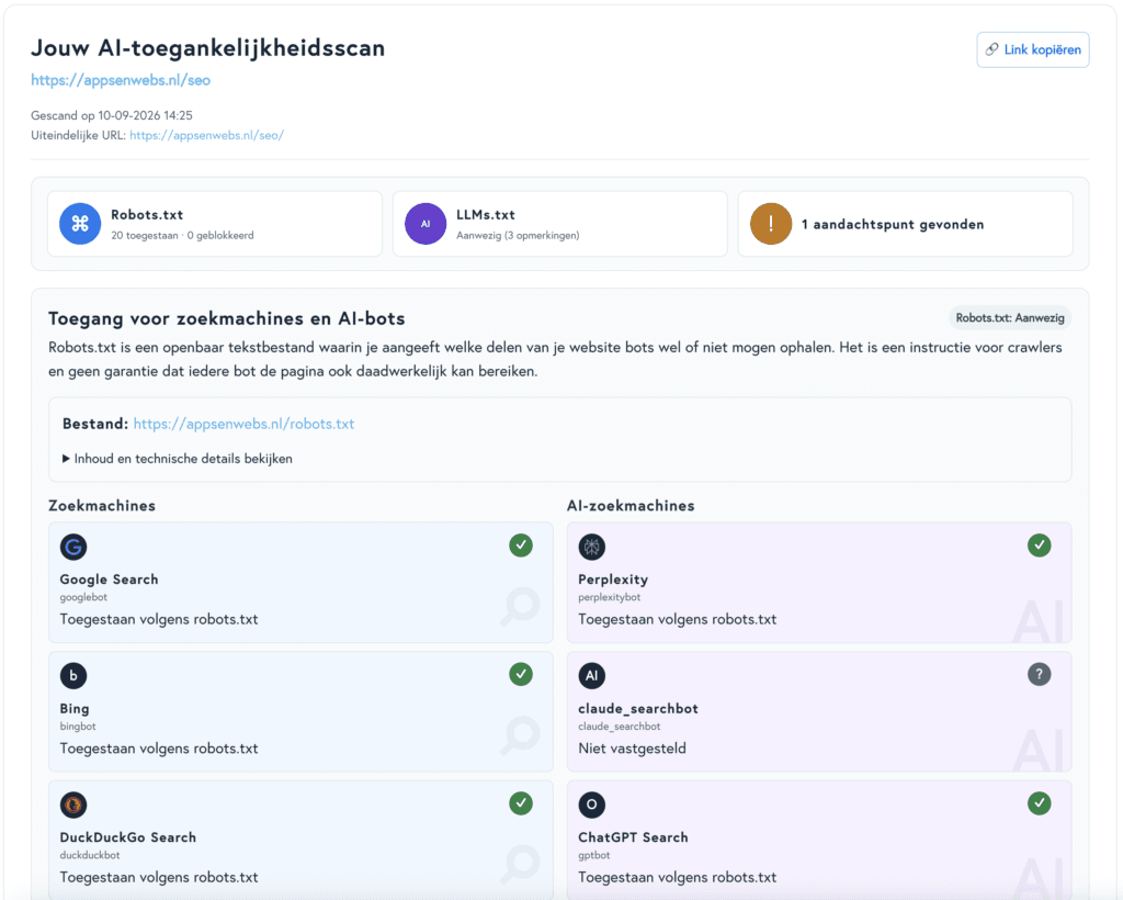Robots.txt + llms.txt scan resultaat voor toegankelijkheid bots
